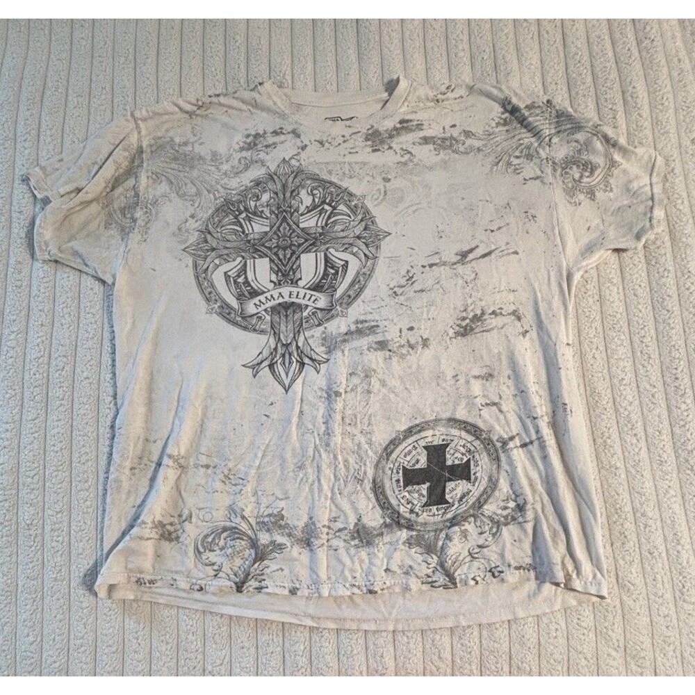 VTG White MMA Elite Aop Graphic T Shirt Mens 2XL Grunge Y2K Cross Skull Print